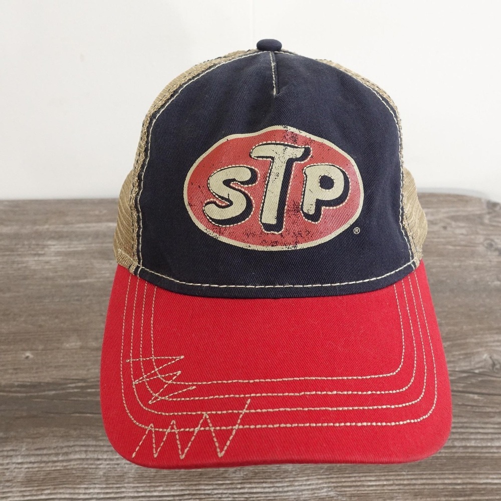 STP Motor Oil Hat Cap Trucker Snap Back One Size Red Blue Mesh Cars Mens